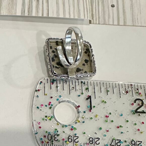 Geometric Dalmatian Jasper handmade ring stamped 925 silver overlay adjustable - Picture 4 of 4